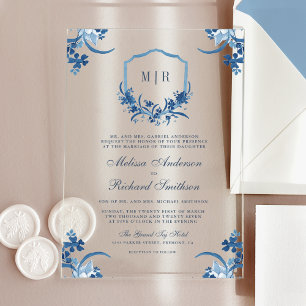 Invitations En Acrylique Blason Floral Bleu Monogramme Mariage