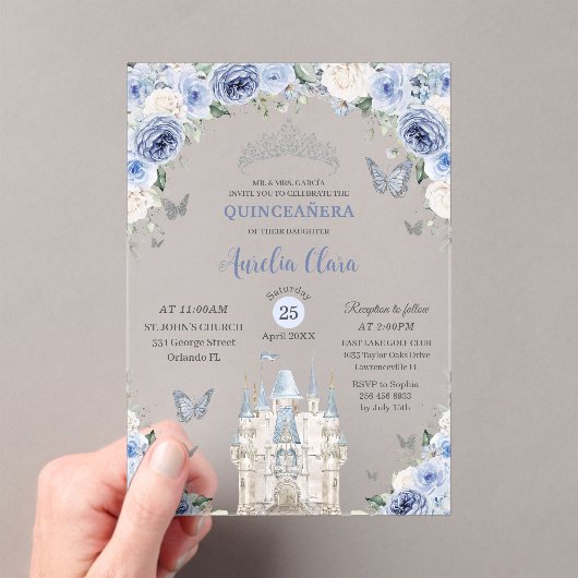 Invitations En Acrylique Bleu Blanc Floral Princesse Château Quinceañera XV (In situ (ordinateur de poche))