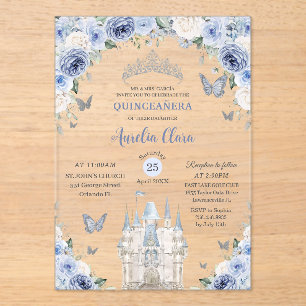 Invitations En Acrylique Bleu Blanc Floral Princesse Château Quinceañera XV