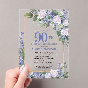 Invitations En Acrylique Bleu Blanc Or Floral 90e Anniversaire