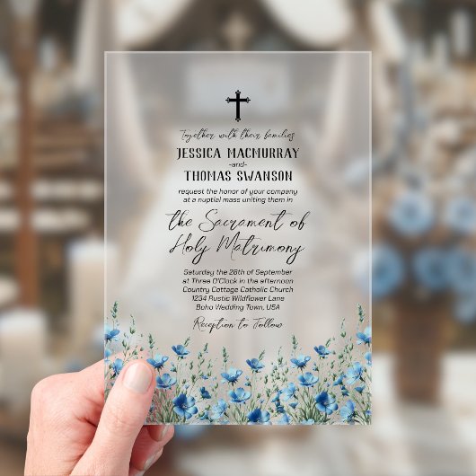 Invitations En Acrylique Bleu Boho Fleur sauvage Moderne Mariage catholique