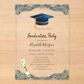 Invitations En Acrylique Bleu Casquette, Vin Verre Confetti Graduation (Recto)
