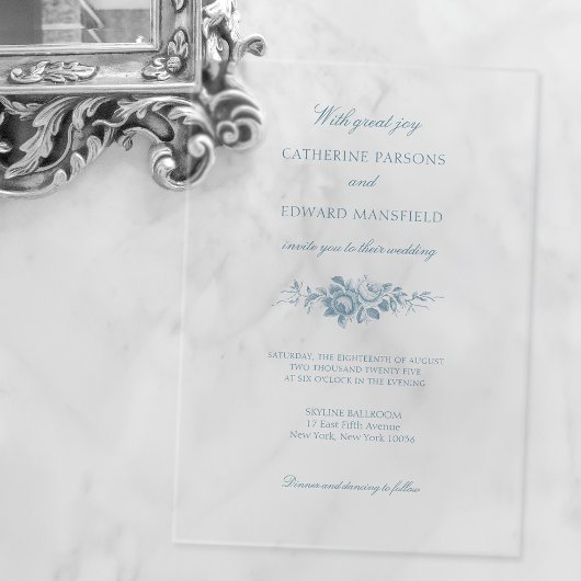 Invitations En Acrylique Bleu classique élégant gravé floral