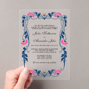 Invitations En Acrylique Bleu de marine et torrents floraux Fuchsia