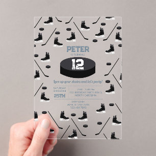 Invitations En Acrylique Bleu Dusty Bâton de hockey sur glace, Patins Puck 