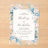 Invitations En Acrylique Bleu Dusty et Pêcher Élégant Mariage Floral (Recto)