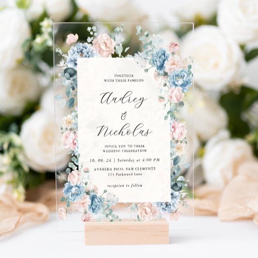 Invitations En Acrylique Bleu Dusty et Pêcher Élégant Mariage Floral