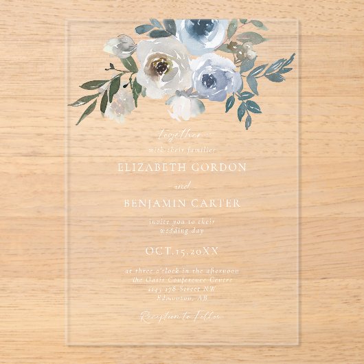 Invitations En Acrylique Bleu Dusty Mariage Floral Élégant Script Rustique (Recto)