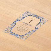 Invitations En Acrylique Bleu élégant Toile de jouy baptême (Poser)