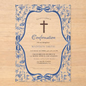 Invitations En Acrylique Bleu élégant Toile de jouy baptême (Recto)