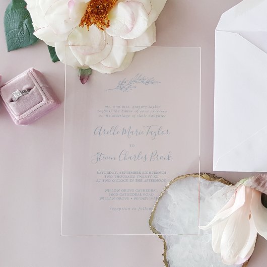 Invitations En Acrylique Bleu feuille minimal Forme Simple Mariage de verdu