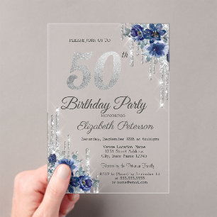 Invitations En Acrylique Bleu Fleurs Parties scintillant argent gouttes 50e