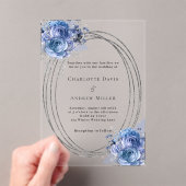 Invitations En Acrylique Bleu floral argent cadre clair mariage (In situ (ordinateur de poche))