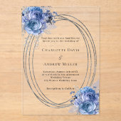 Invitations En Acrylique Bleu floral argent cadre clair mariage (Recto)