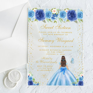 Invitations En Acrylique Bleu Floral Brunette Cheveux Princesse Sweet sixte