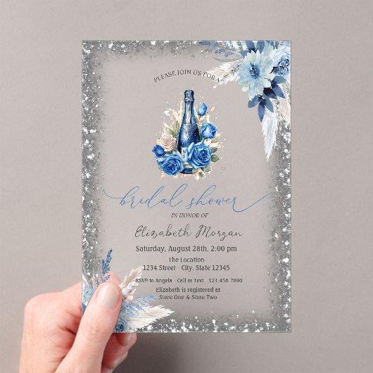Invitations En Acrylique Bleu Floral Vin Parties scintillant Baby shower ca (In situ (ordinateur de poche))