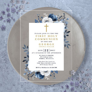Invitations En Acrylique Bleu marine floral botanique Première Sainte Commu