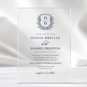 Invitations En Acrylique Bleu marine monogramme floral élégant pour mariage