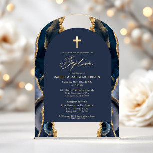 Invitations En Acrylique Bleu Nuit Agate Doré Baptême Moderne Élégant