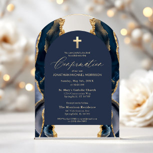 Invitations En Acrylique Bleu Nuit Agate Dorée Confirmation Moderne Élégant