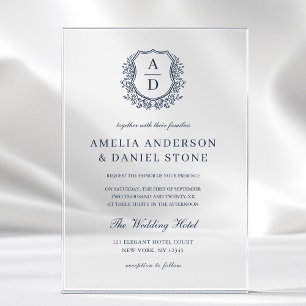 Invitations En Acrylique Bleu Nuit Blason Floral Monogramme Mariage Élégant