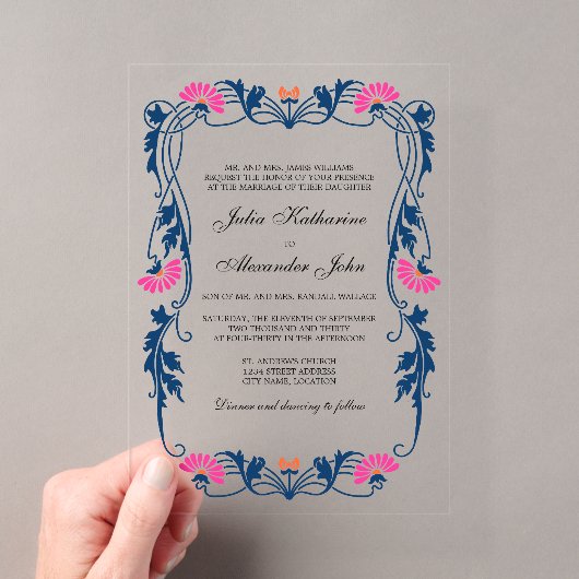 Invitations En Acrylique Bleu Nuit & Floraisons Fuchsia (In situ (ordinateur de poche))