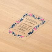Invitations En Acrylique Bleu Nuit & Floraisons Fuchsia (Poser)