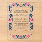 Invitations En Acrylique Bleu Nuit & Floraisons Fuchsia (Recto)