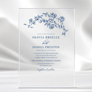 Invitations En Acrylique Bleu Nuit Floral Élégant Mariage Victorien Françai