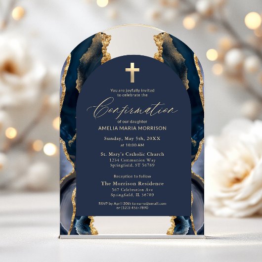 Invitations En Acrylique Bleu Nuit Or Agate Confirmation Moderne