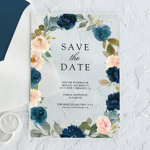Invitations En Acrylique Bleu Nuit Péché Floral Mariage Épargnez la Date