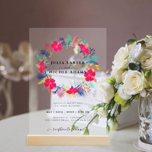 Invitations En Acrylique Bleu Nuit Rose Forêt Tropicale Émeraude Mariage