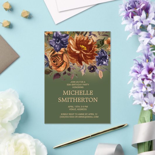 Invitations En Acrylique Bleu orange brûlé Vert floral 50e anniversaire (Insitu (Mariage))