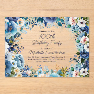 Invitations En Acrylique Bleu Poussiéreux, Bleu Marine, Blanc Floral 100e A