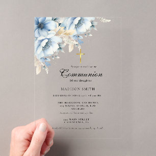 Invitations En Acrylique Bleu poussiéreux Fleur sauvage dorée Première comm