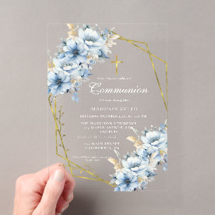 Invitations En Acrylique Bleu poussiéreux Fleur sauvage dorée Première comm