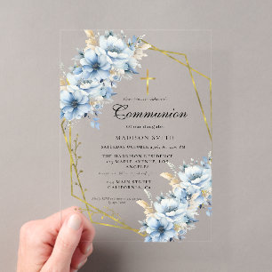 Invitations En Acrylique Bleu poussiéreux Fleur sauvage dorée Première comm