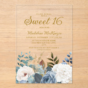 Invitations En Acrylique Bleu Poussiéreux Fleurs Blanches Sweet 16 