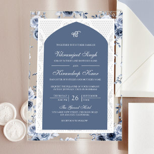 Invitations En Acrylique Bleu Poussiéreux Floral Anand Karaj Mariage Punjab