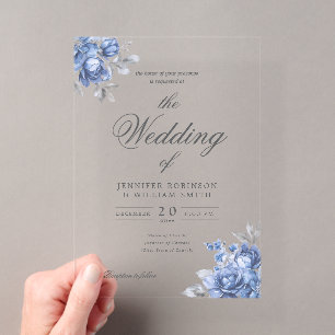 Invitations En Acrylique Bleu Poussiéreux Floral Rustique Élégant Mariage S