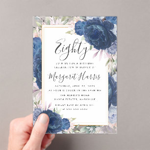 Invitations En Acrylique Bleu Rose Floral Gold Frame 80e Quatre-vingts Anni