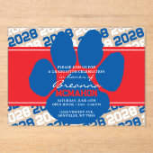 Invitations En Acrylique Bleu, rouge et blanc Pawprint Graduation Frosted (Recto)
