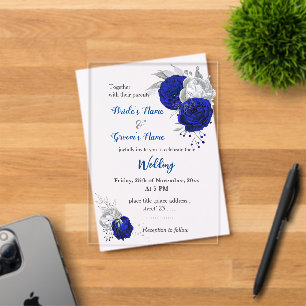 Invitations En Acrylique bleu royal et fleurs argentées botaniques mariage