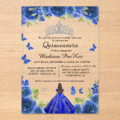 Invitations En Acrylique Bleu Royal Floral Butterfly Quinceanera (Recto)
