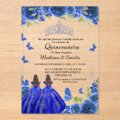 Invitations En Acrylique Bleu Royal Floral Papillon jumeau Quinceanera (Recto)