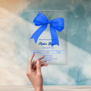 Invitations En Acrylique Bleu royal ruban blanc SWEET 16 clair