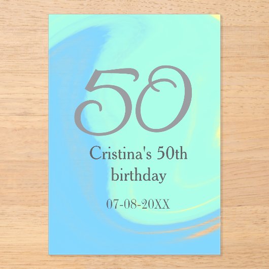 Invitations En Acrylique bleu vert gris 50e anniversaire ajouter nom date r (Recto)