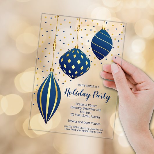 Invitations En Acrylique Blue and Gold Christmas Ornaments Holiday