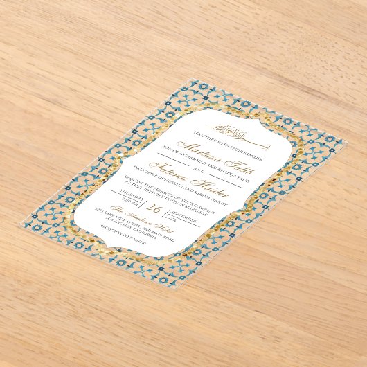 Invitations En Acrylique Blue and Gold Moroccan Tile Islamic Wedding (Poser)