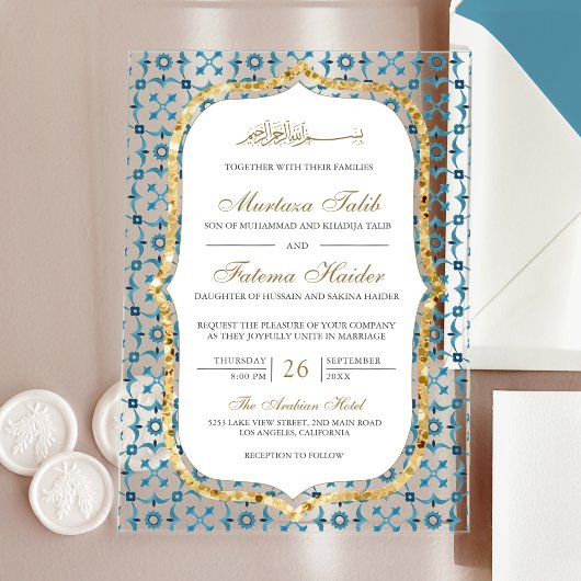 Invitations En Acrylique Blue and Gold Moroccan Tile Islamic Wedding